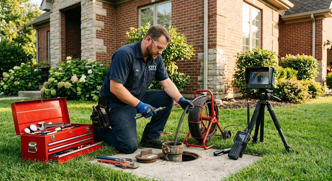 Sewer specialist with camera equipment servicing a cleanout in Alliance