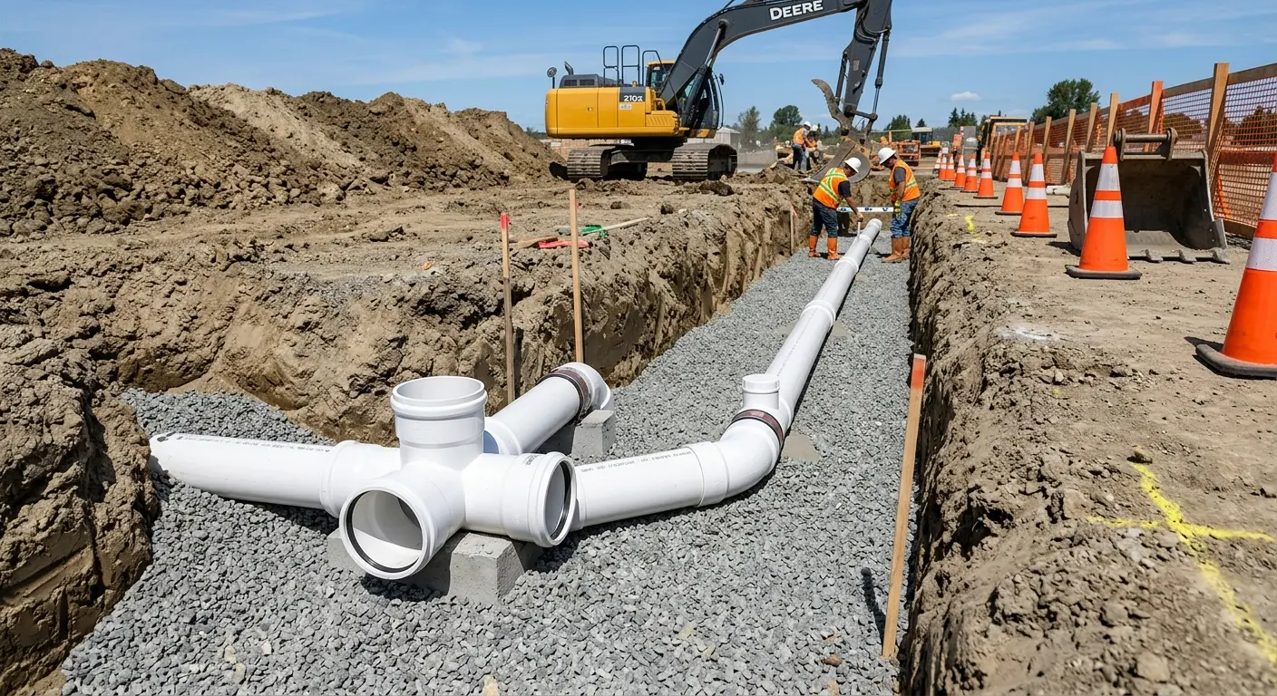 New PVC sewer pipe installation in open trench for Sewer Backup in Alliance