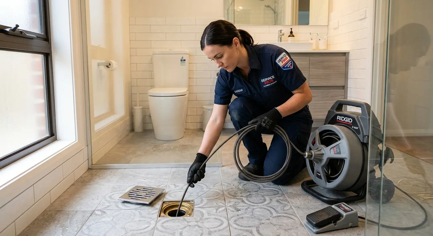 Technician clearing a bathroom floor drain for Hydro Jetting in Alliance